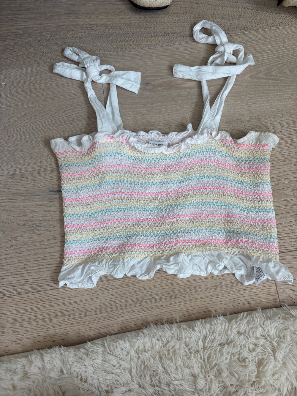 crown & ivy Cream Smocked Crop Top with Pale Pink Accents